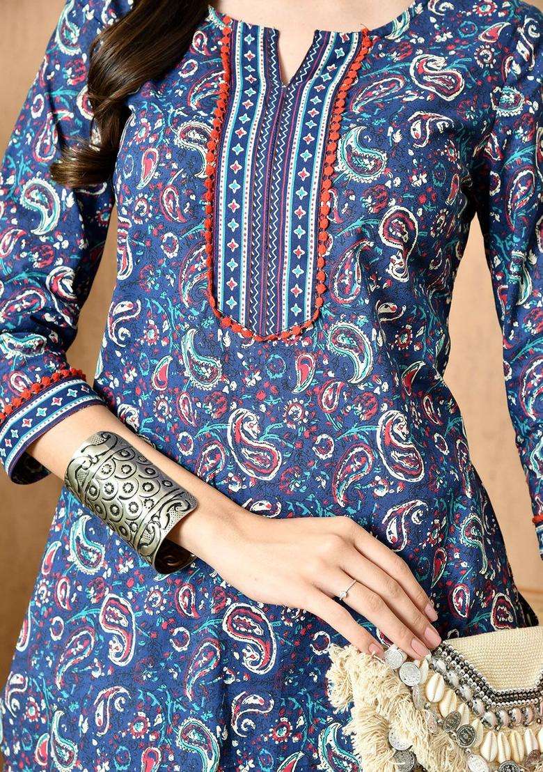 Navy Blue Printed Cotton Kurta Set - Indya
