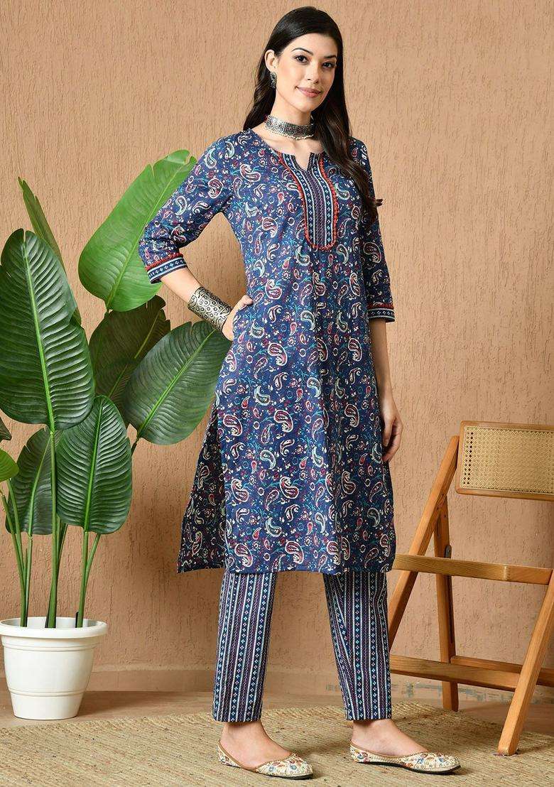Navy Blue Printed Cotton Kurta Set - Indya