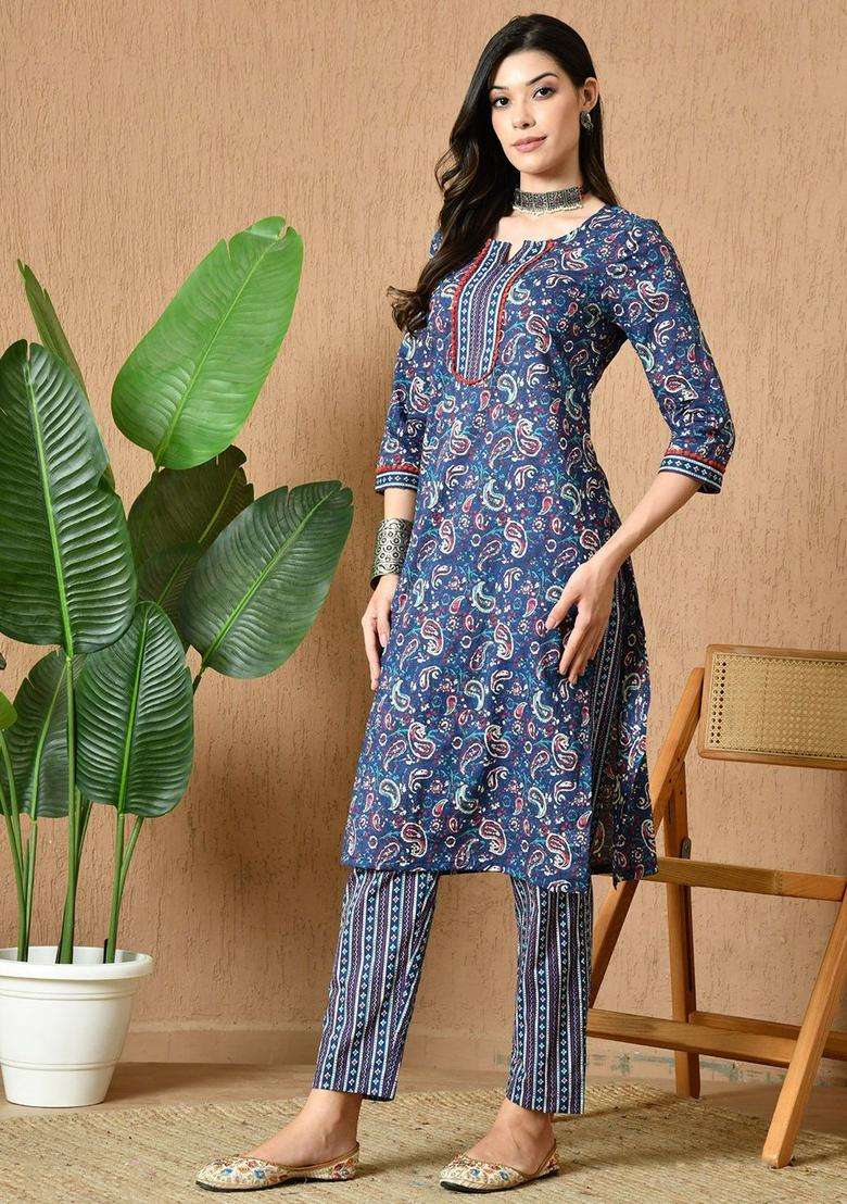 Navy Blue Printed Cotton Kurta Set - Indya