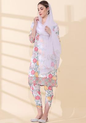 Off White Printed Viscose Kurta Set