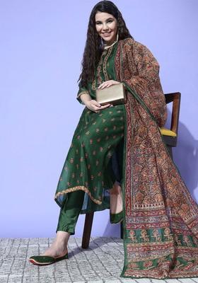 Green Printed Silk Kurta Set