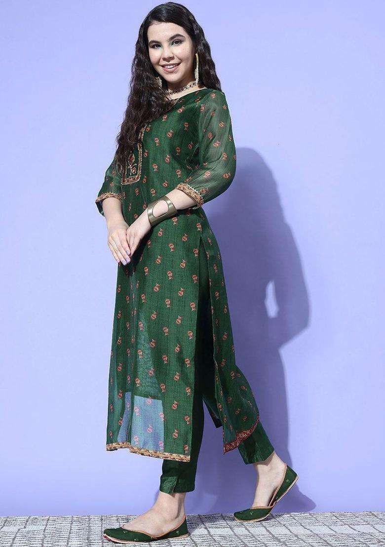 Green Printed Silk Blend Kurta Set - Indya