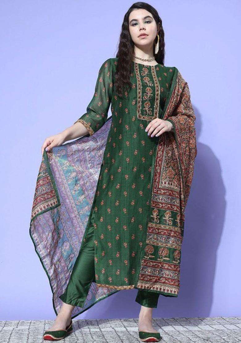 Green Printed Silk Blend Kurta Set - Indya