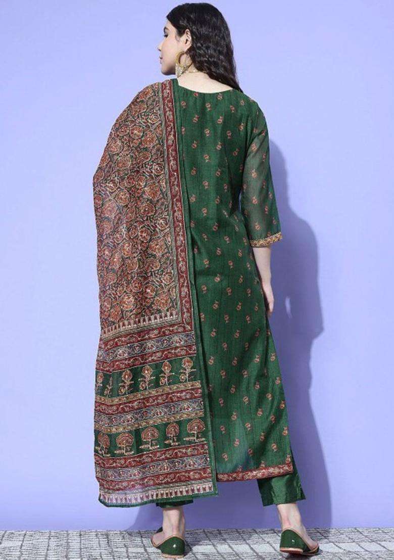 Green Printed Silk Blend Kurta Set - Indya