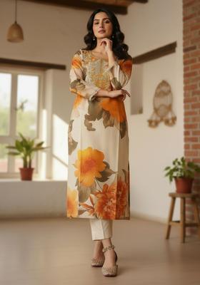 Off White Printed Polyester Kurta Set