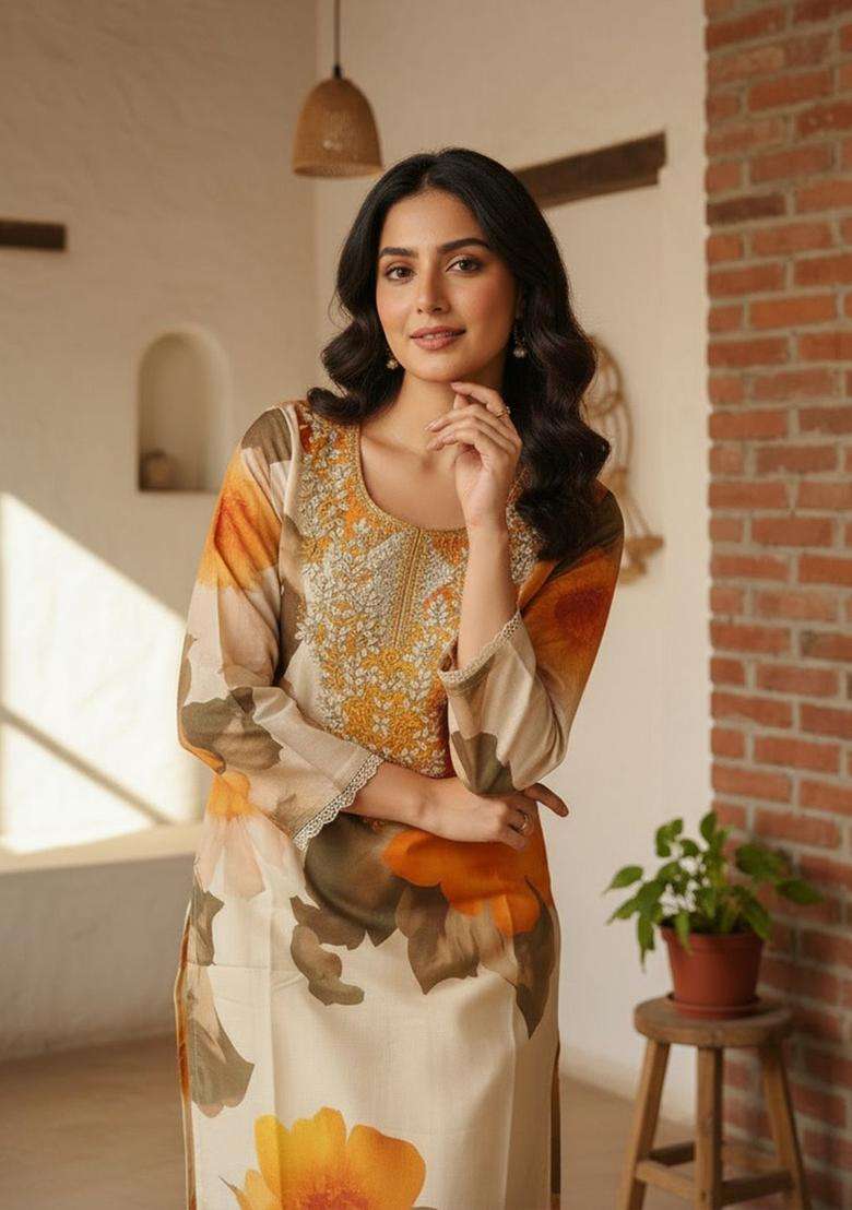 Off White Printed Polyester Kurta Set - Indya