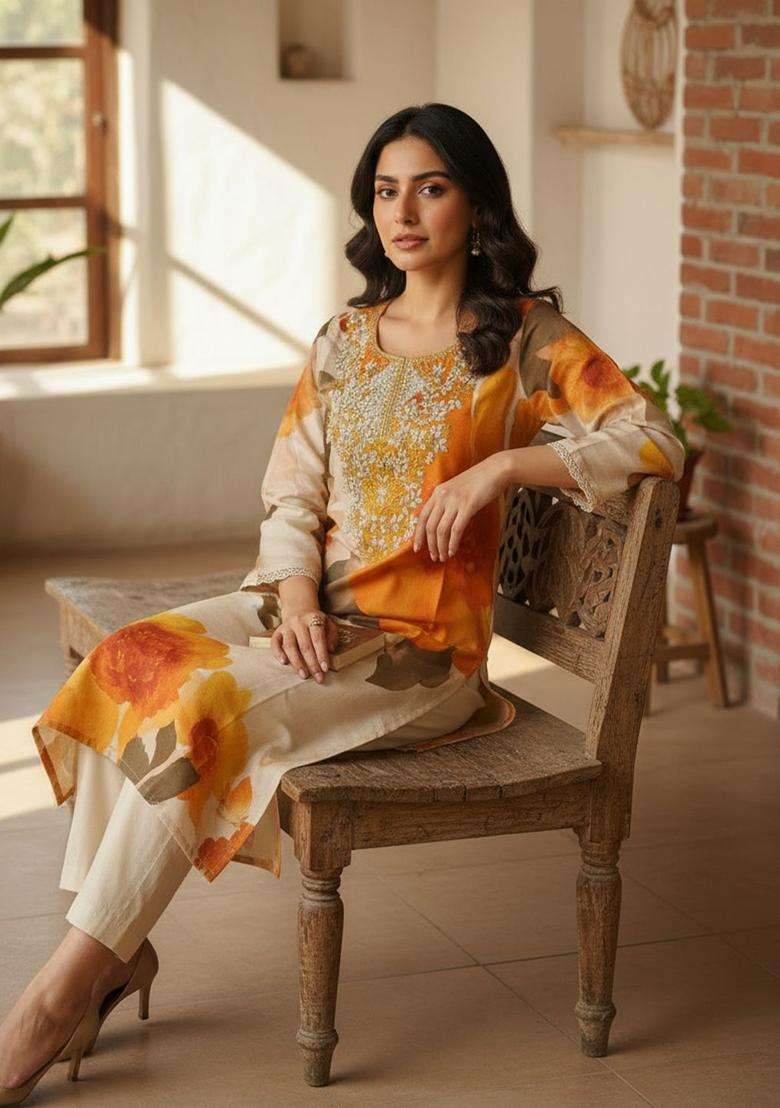 Off White Printed Polyester Kurta Set - Indya