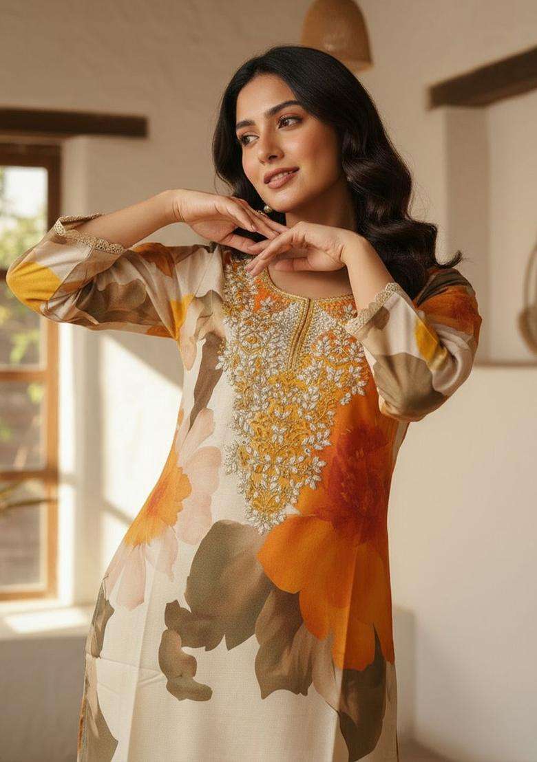 Off White Printed Polyester Kurta Set - Indya
