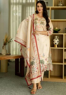 Cream Printed Silk Kurta Set