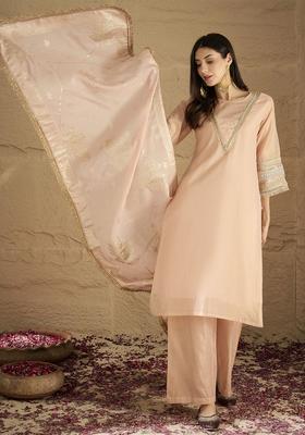 Peach Solid Silk Blend Kurta Set