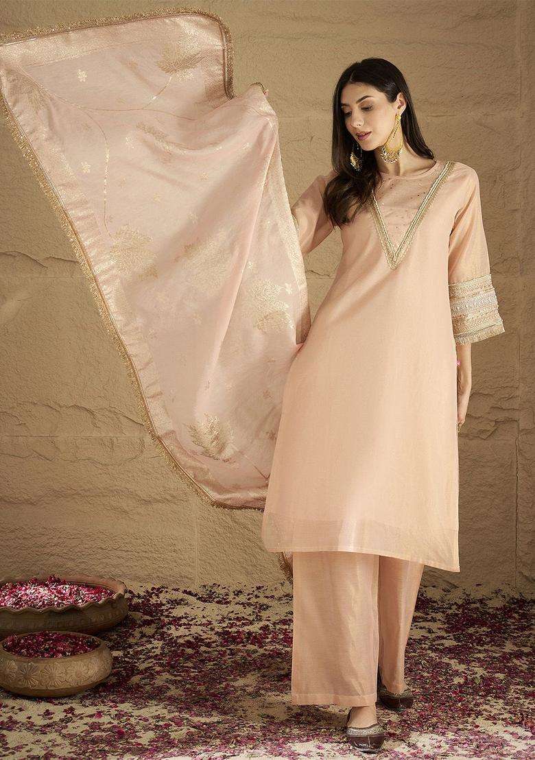 Peach Solid Silk Blend Kurta Set - Indya