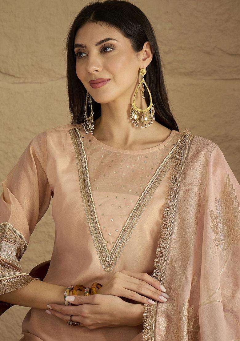 Peach Solid Silk Blend Kurta Set - Indya