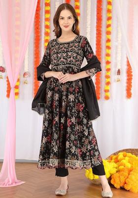 Black Printed Silk Blend Kurta Set