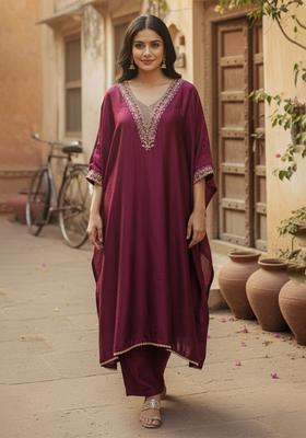 Burgundy Embroidered Silk Blend Kurta Set