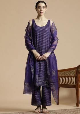 Purple Printed Viscose Kurta Set