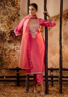 Peach Embroidered Silk Anarkali Set