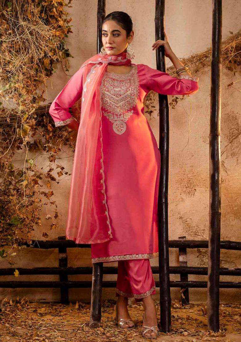 Peach Embroidered Silk Blend Anarkali Set - Indya