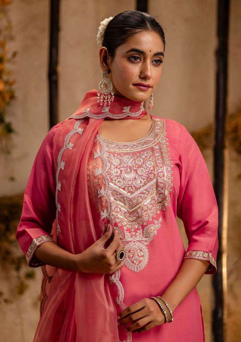 Peach Embroidered Silk Blend Anarkali Set - Indya