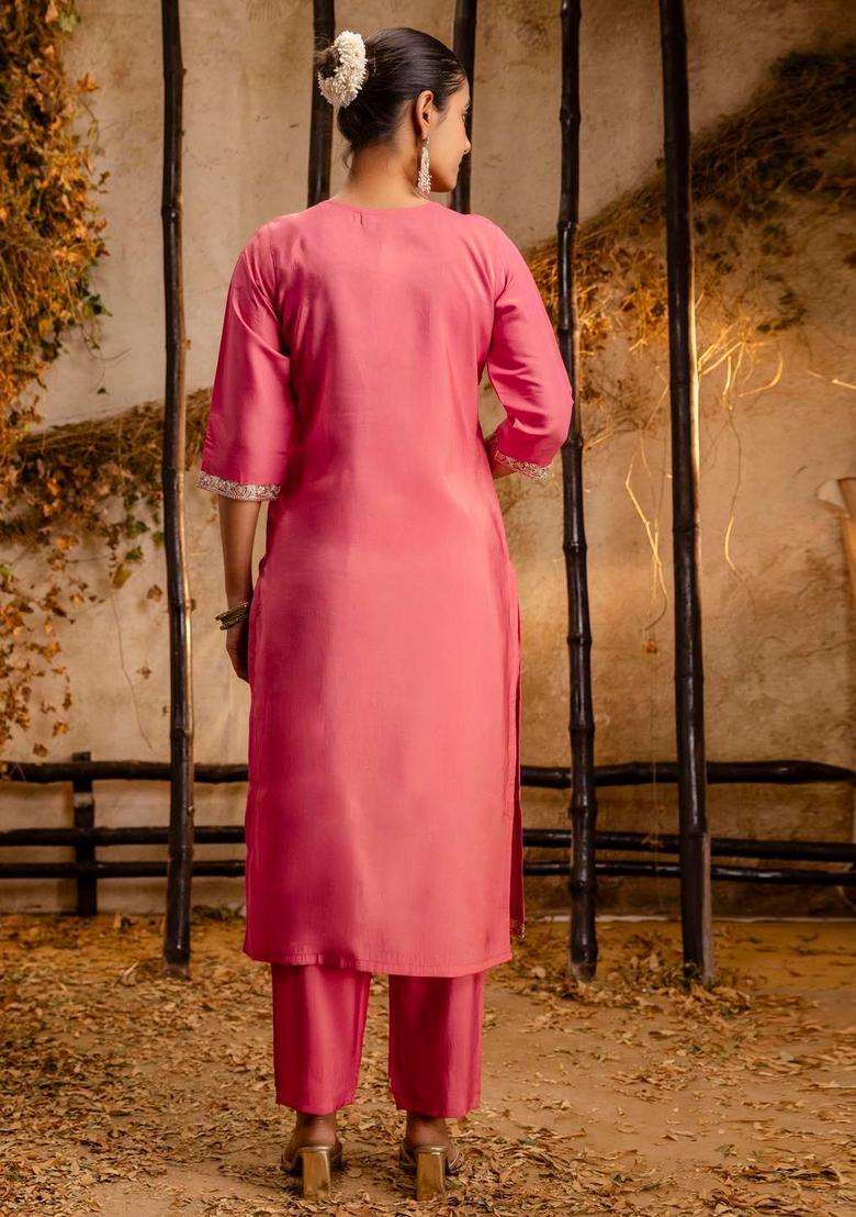 Peach Embroidered Silk Blend Anarkali Set - Indya