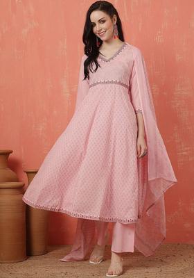 Pink Embroidered Cotton Anarkali Set