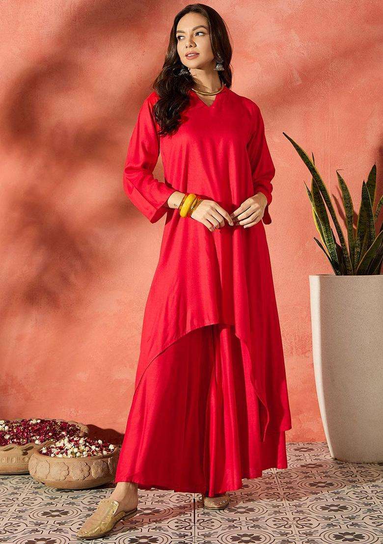 Red Solid Viscose Kurta Set - Indya