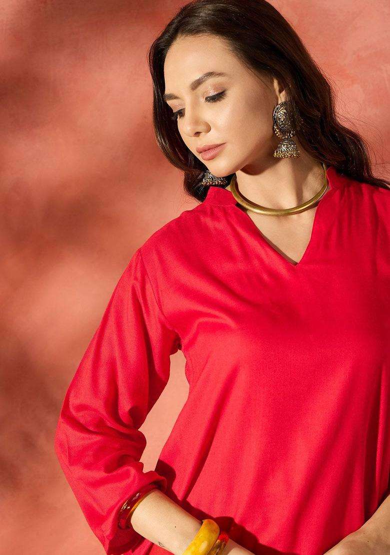 Red Solid Viscose Kurta Set - Indya