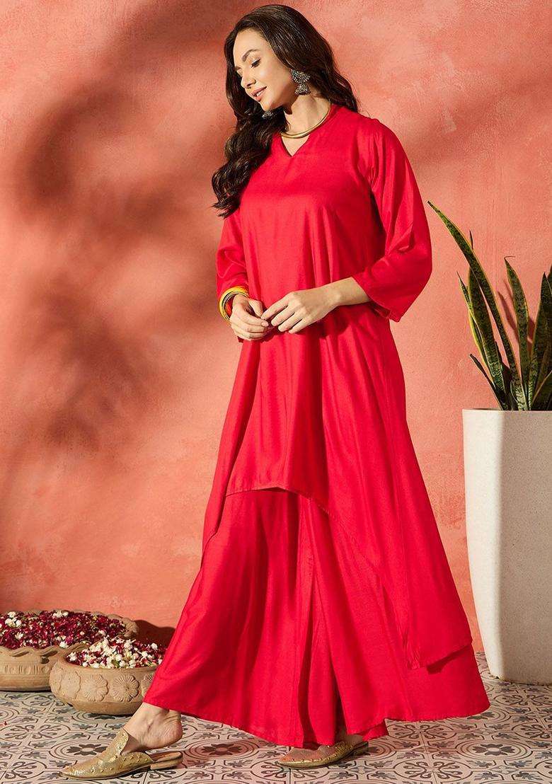 Red Solid Viscose Kurta Set - Indya