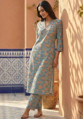 Turquoise Blue Printed Cotton Kurta Set