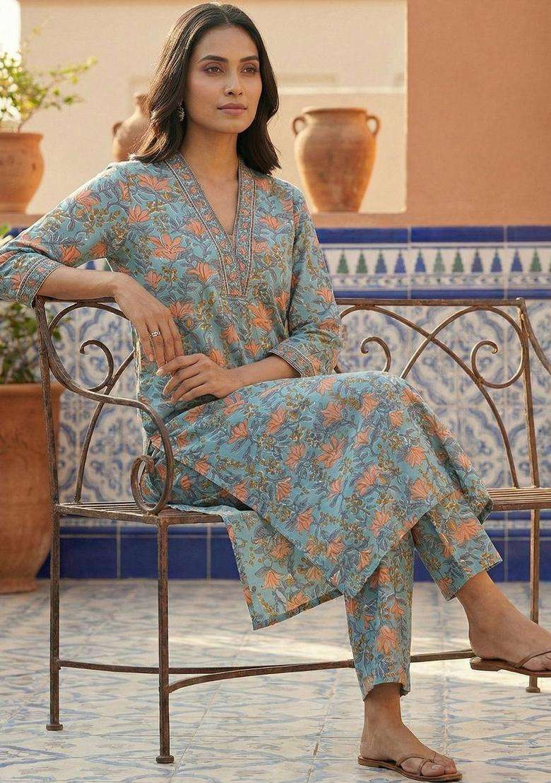 Turquoise Blue Printed Cotton Kurta Set - Indya