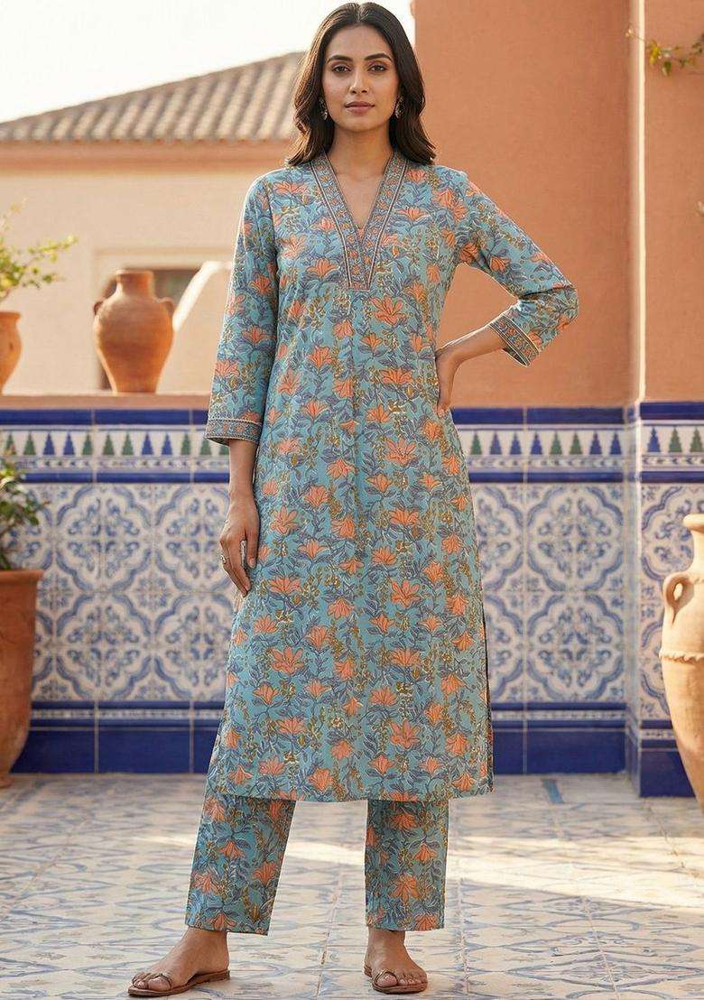 Turquoise Blue Printed Cotton Kurta Set - Indya