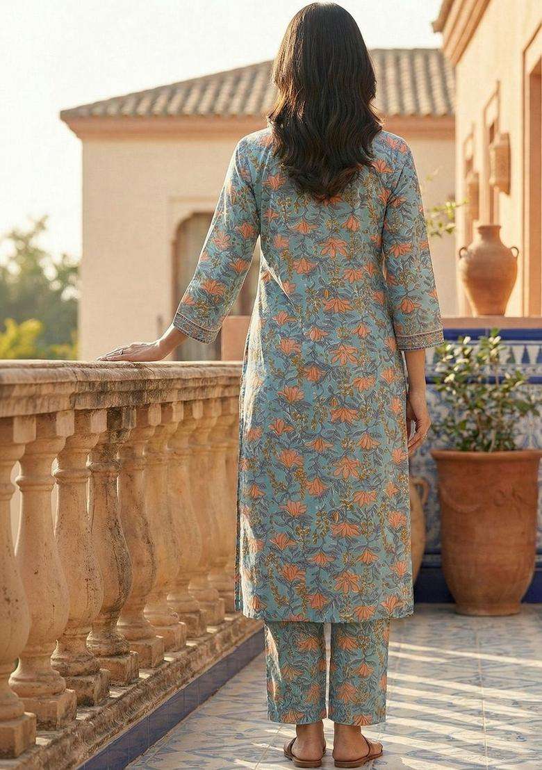 Turquoise Blue Printed Cotton Kurta Set - Indya