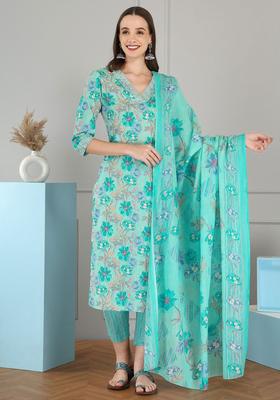 Teal Printed Cotton Kurta Set