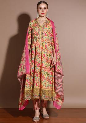 Mustard Embroidered Cotton Anarkali Set