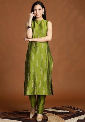 Olive Printed Silk Blend Kurta Set