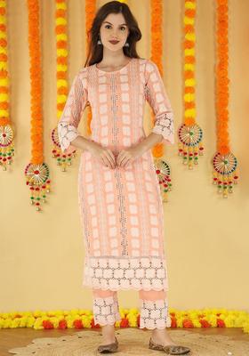 Peach Embroidered Cotton Kurta Set