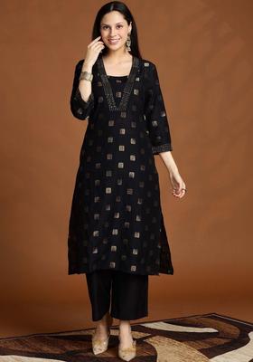 Black Woven Design Silk Blend Kurta Set