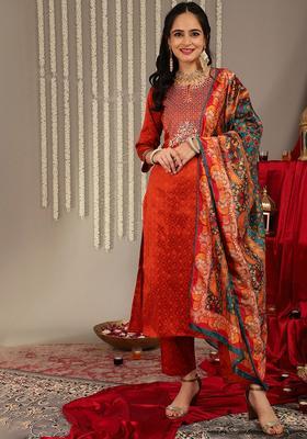 Rust Yoke Design Silk Blend Kurta Set