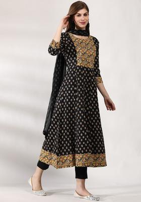 Black Printed Cotton Anarkali Set