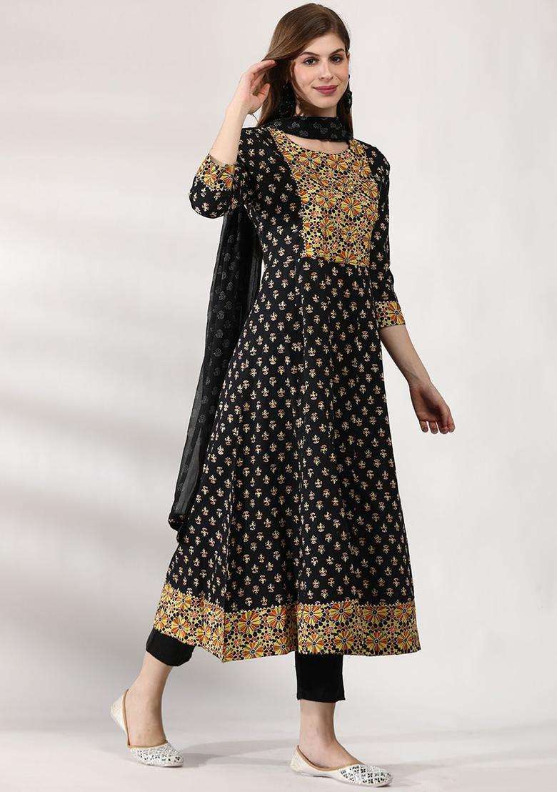 Black Printed Cotton Anarkali Set - Indya