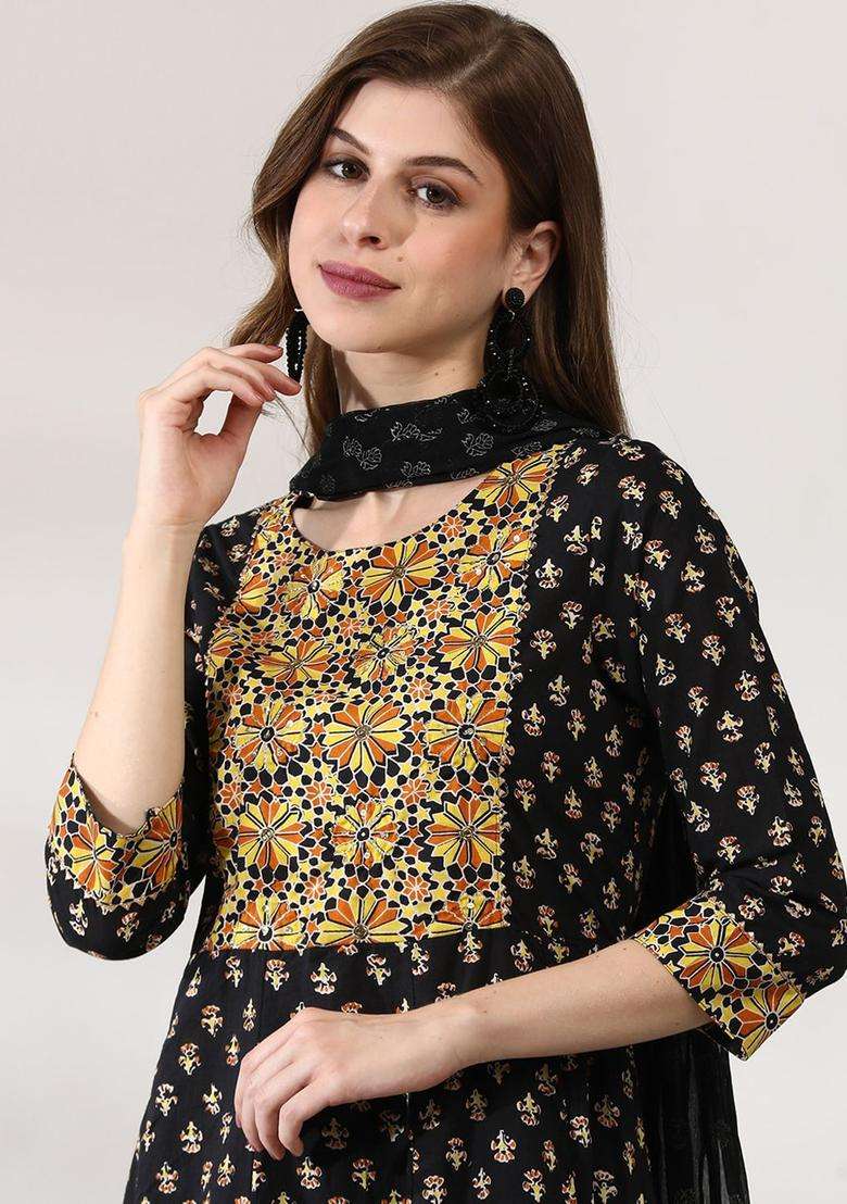 Black Printed Cotton Anarkali Set - Indya