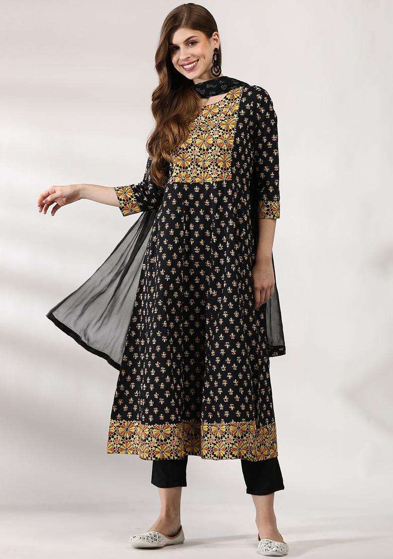 Black Printed Cotton Anarkali Set - Indya