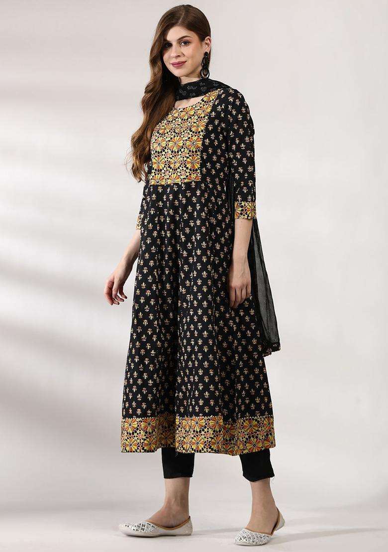 Black Printed Cotton Anarkali Set - Indya