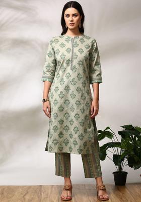 Olive Printed Cotton Kurta Set