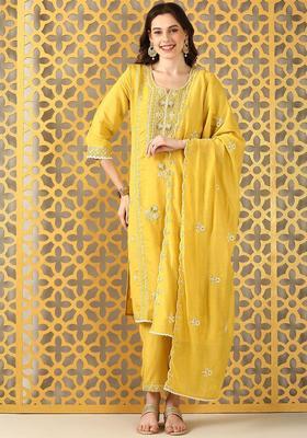Yellow Embroidered Chanderi Kurta Set