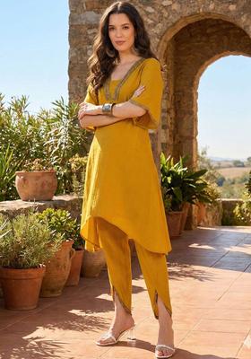 Mustard Solid Silk Blend Kurta Set