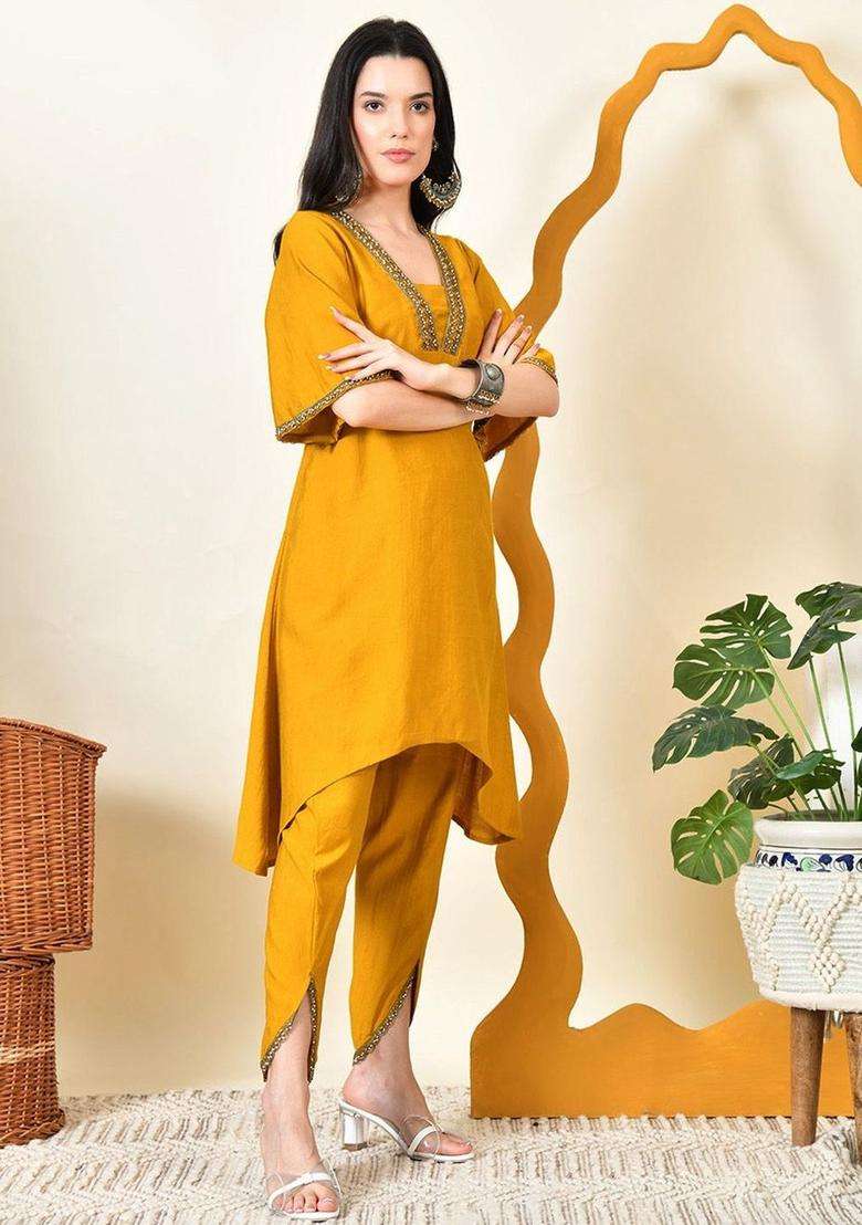 Mustard Solid Silk Blend Kurta Set - Indya