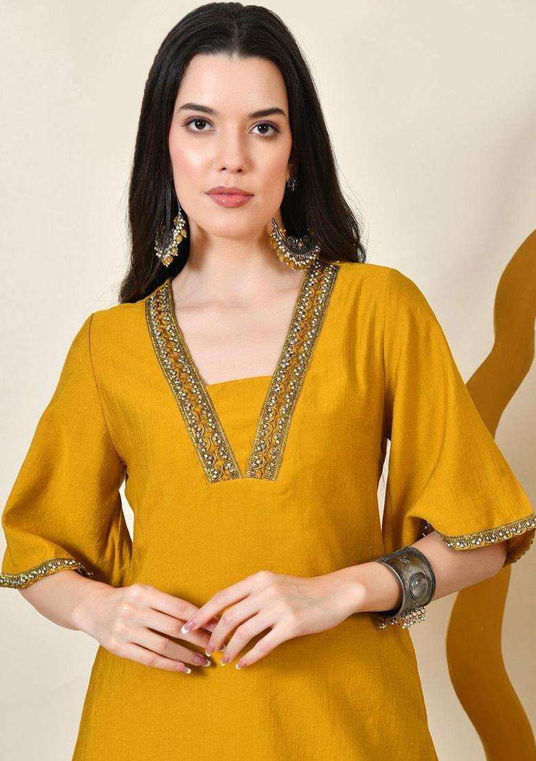Mustard Solid Silk Blend Kurta Set - Indya