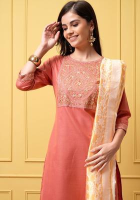 Peach Embroidered Polyester Kurta Set