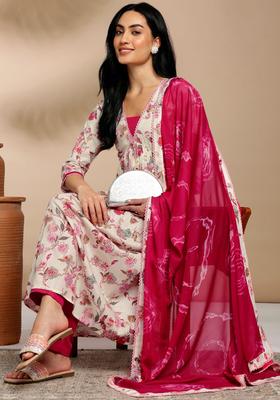 Cream Printed Cotton Anarkali Set