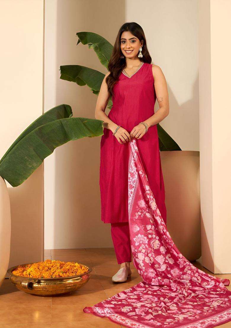 Pink Solid Silk Blend Kurta Set - Indya
